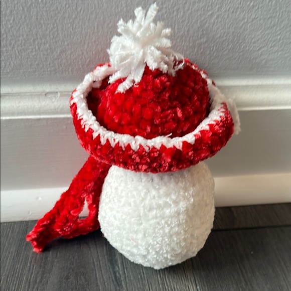Plush Crocheted Snowman with Red Hat and Scarf - Picture 2 of 2